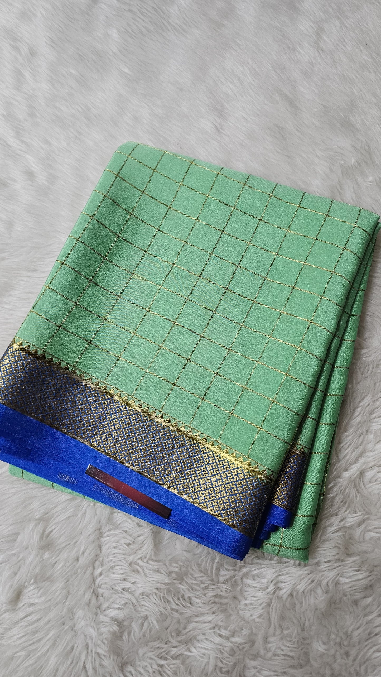 Mysore silk saree KSIC Finish in pista green peacock checks pattern