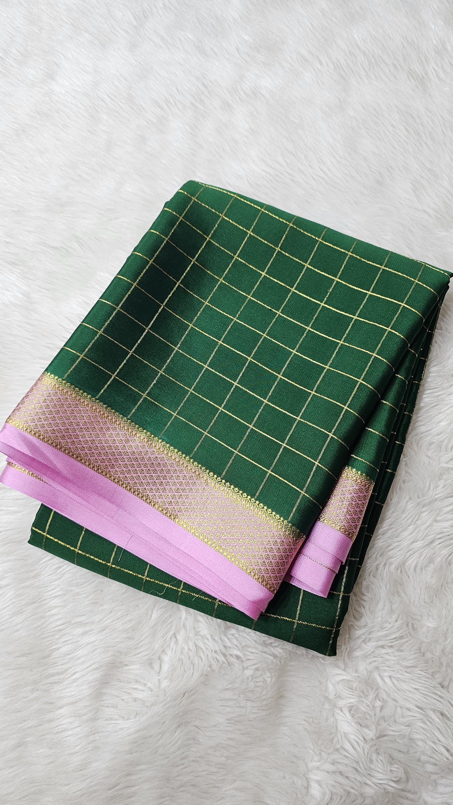 Mysore silk saree KSIC Finish in bottle green with baby pink checks pattern