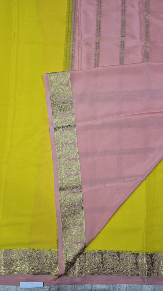 Mysore silk saree KSIC Finish in yellow with peach mango border