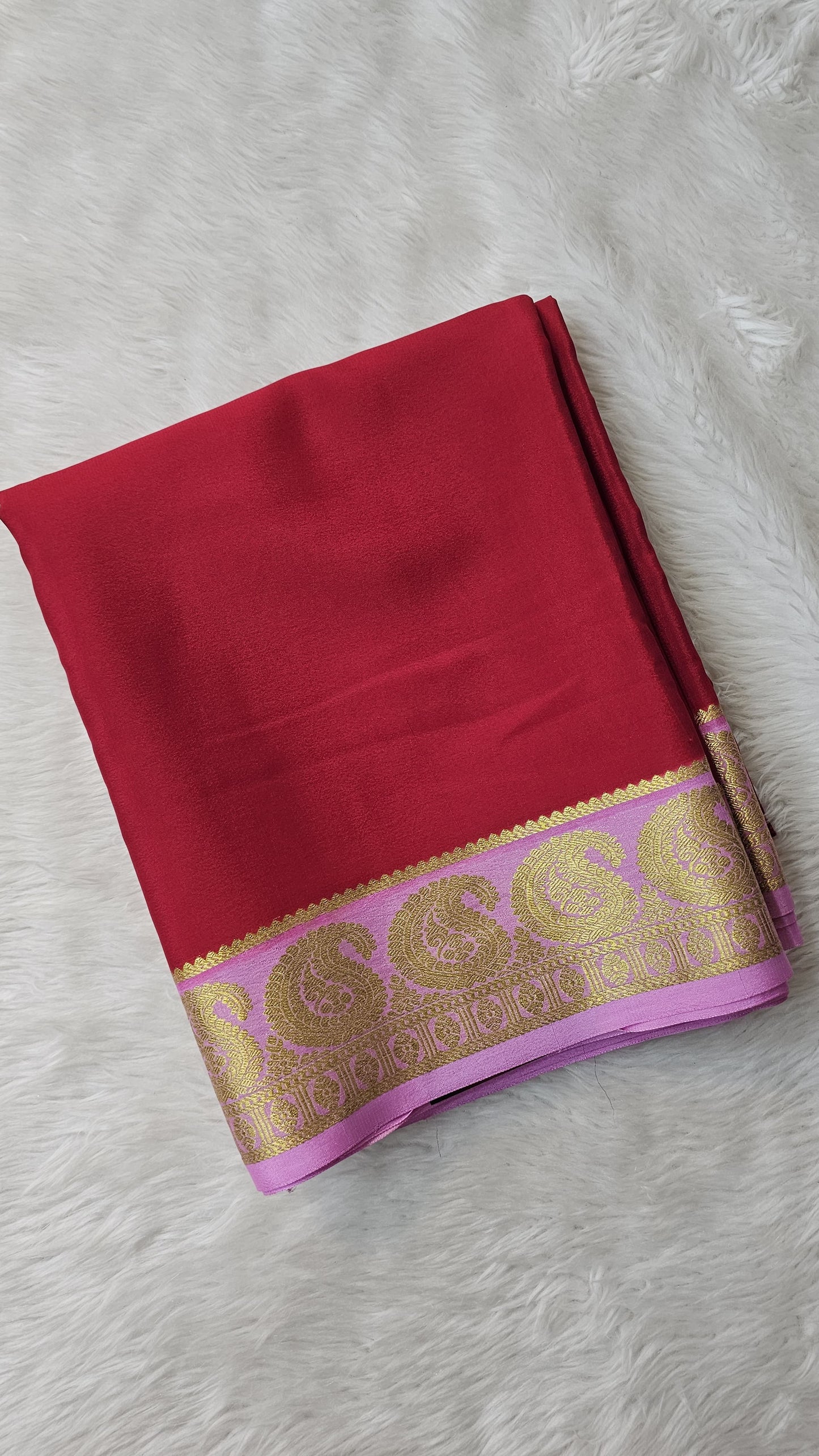 Mysore silk saree KSIC Finish in red with baby pink mango border