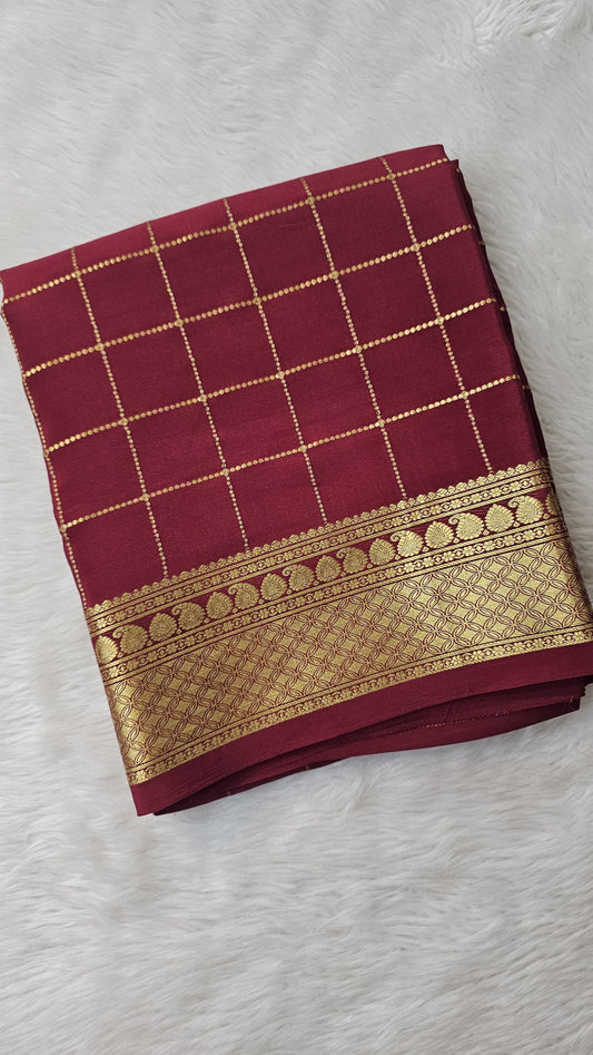 Mysore silk saree KSIC Finish in brick red self checks pattern