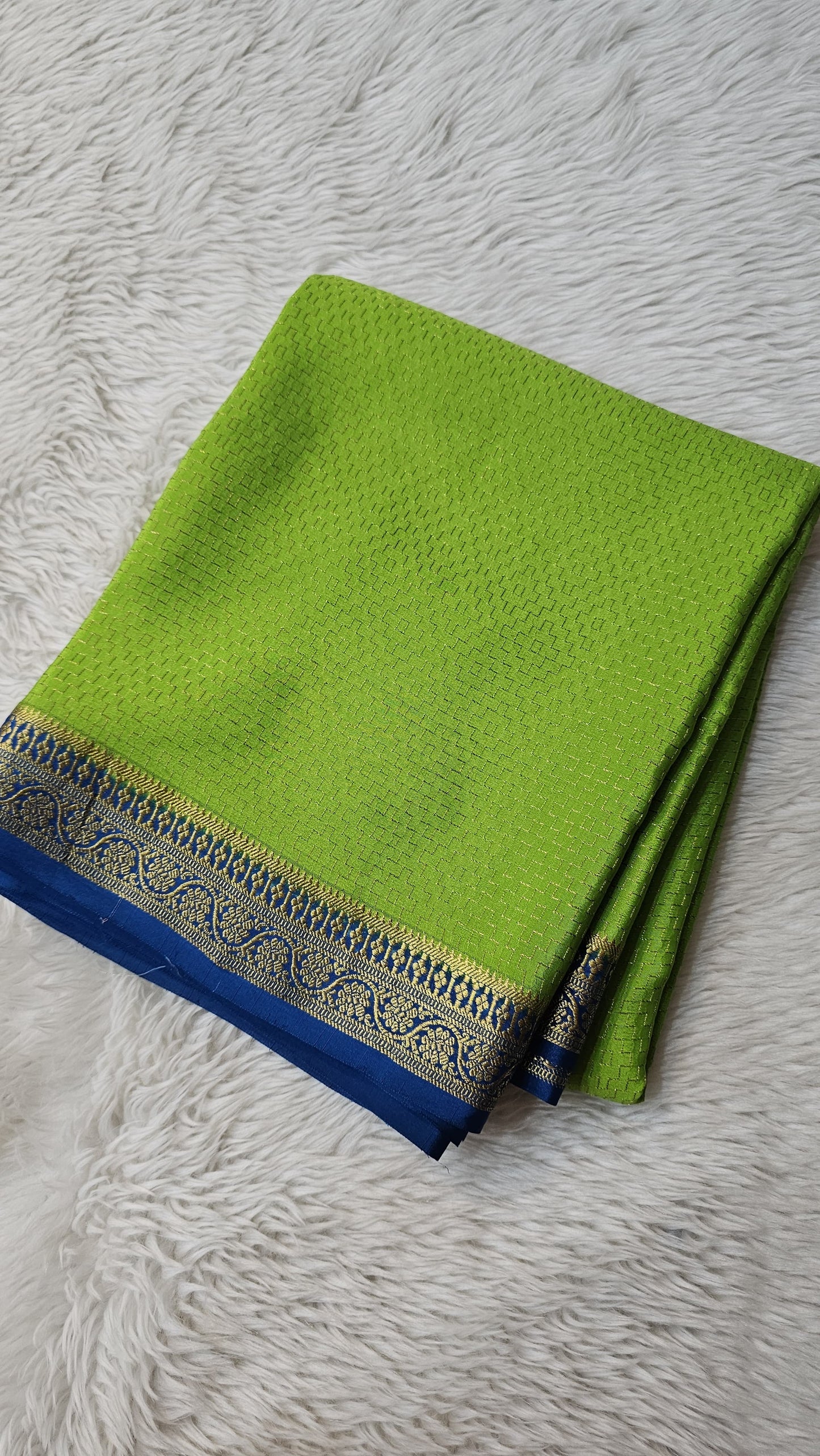 Mysore silk saree KSIC Finish in parrot green with peacock blue checks pattern