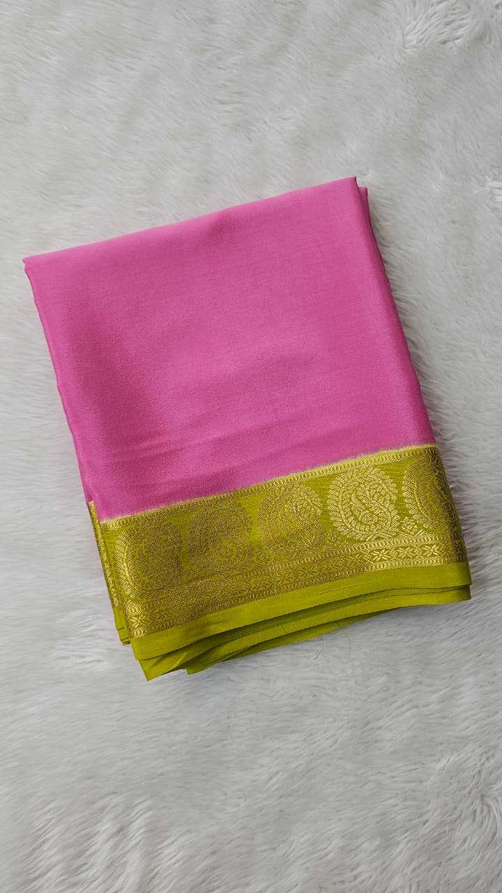 Mysore silk saree KSIC Finish in onion ink with mehendi green mango border