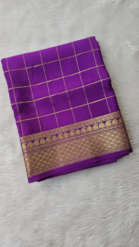 Mysore silk saree KSIC Finish in purple self checks pattern