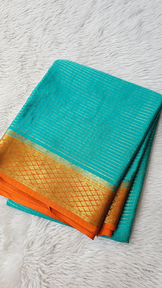 Mysore silk saree KSIC Finish in sea blue with orange checks pattern