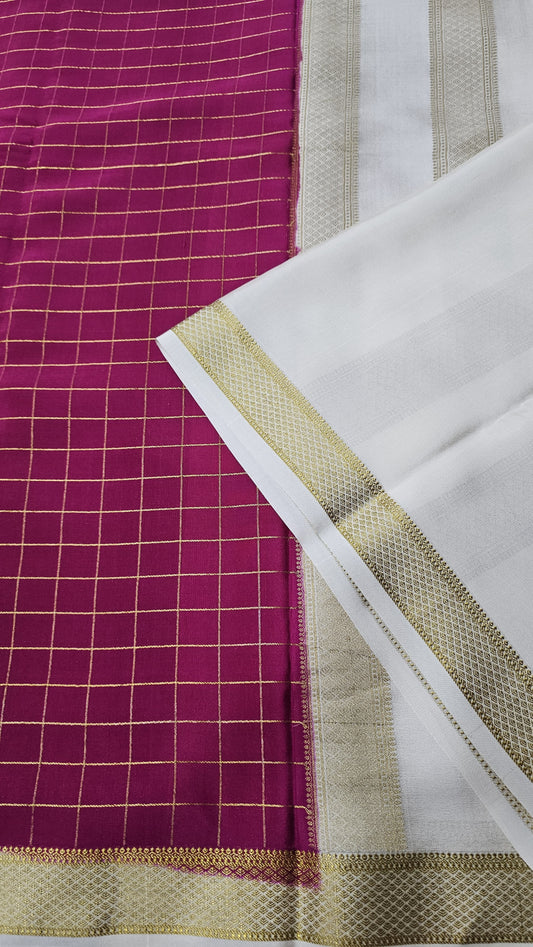 Mysore silk saree KSIC Finish in rani pink with white checks pattern