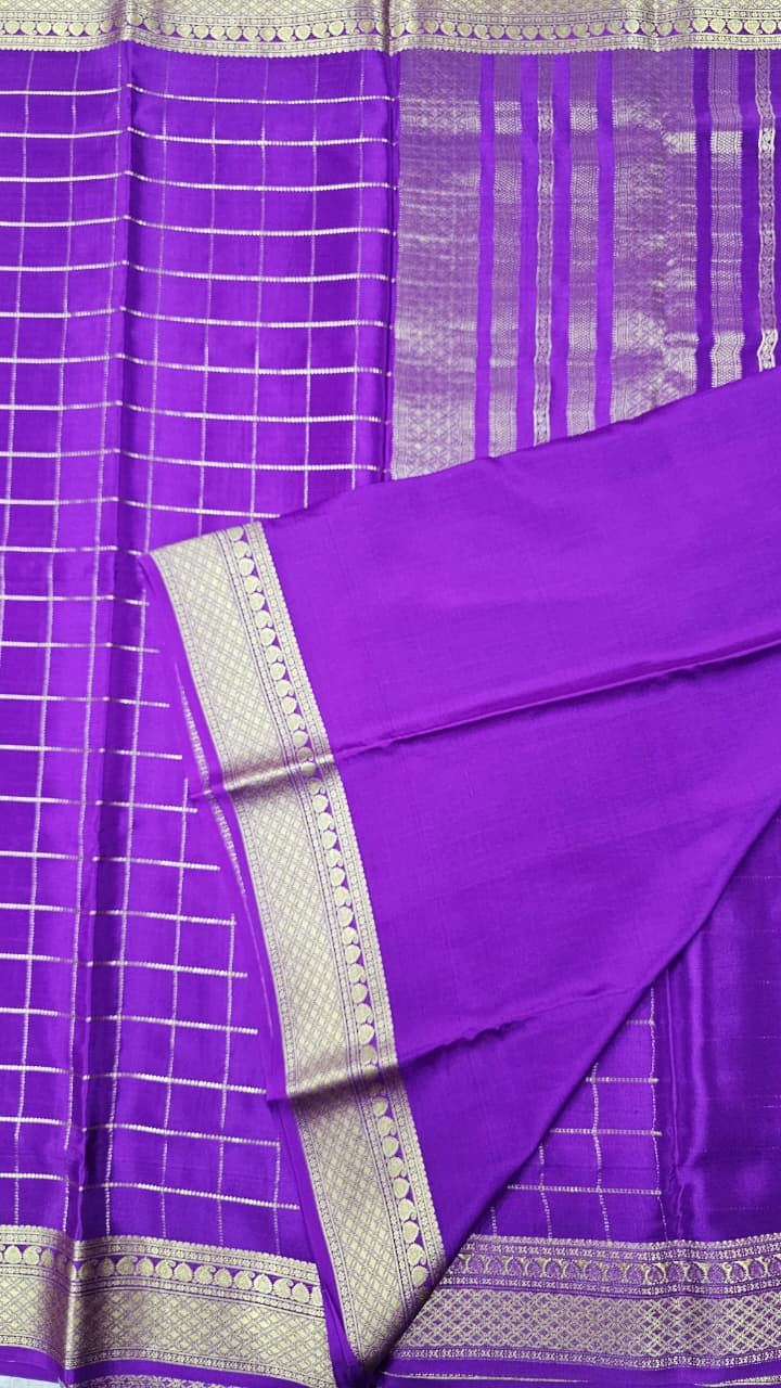 Mysore silk saree KSIC Finish in purple self checks pattern