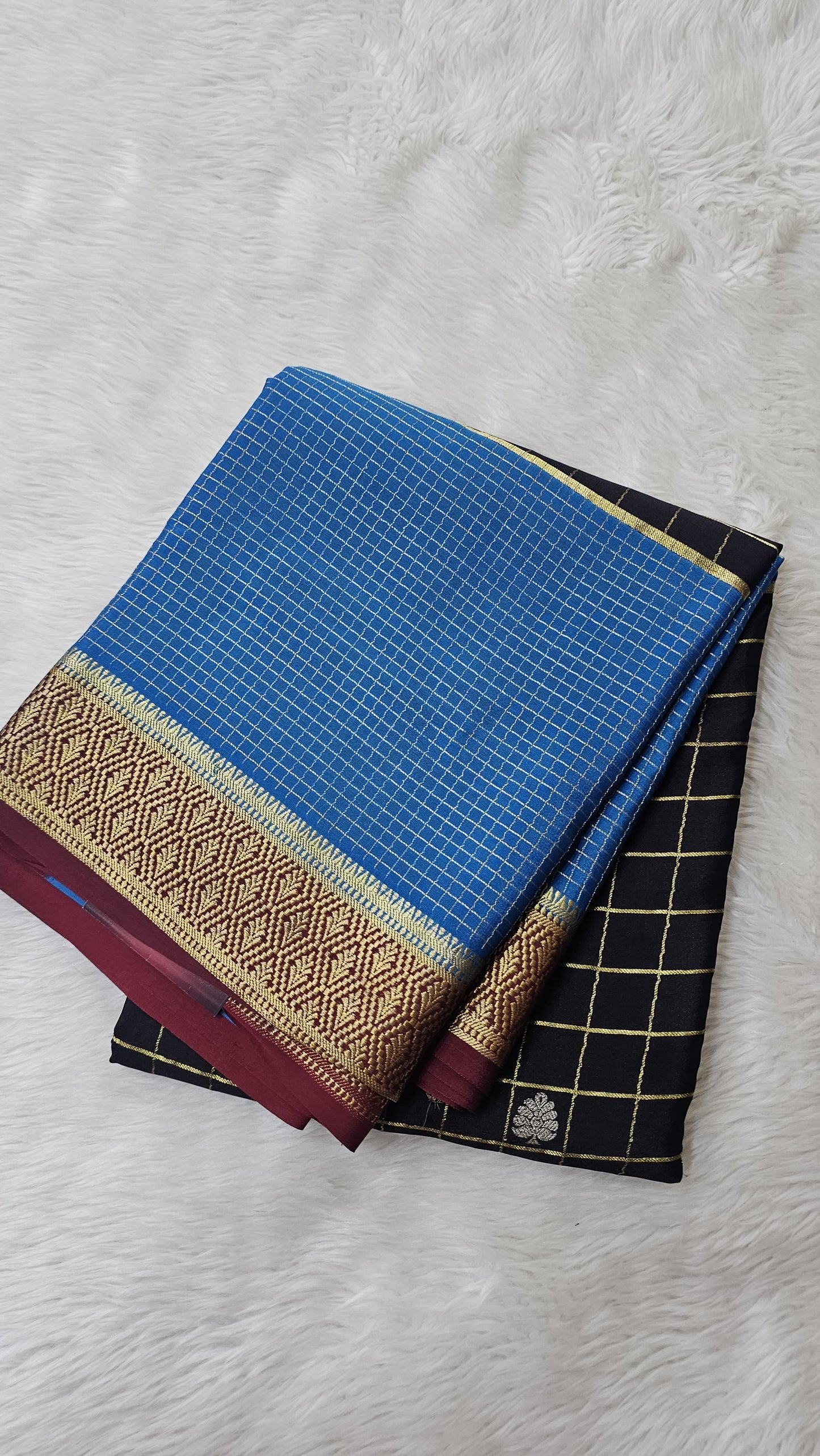 Mysore silk saree KSIC Finish in black with maroon red 3d checks pattern