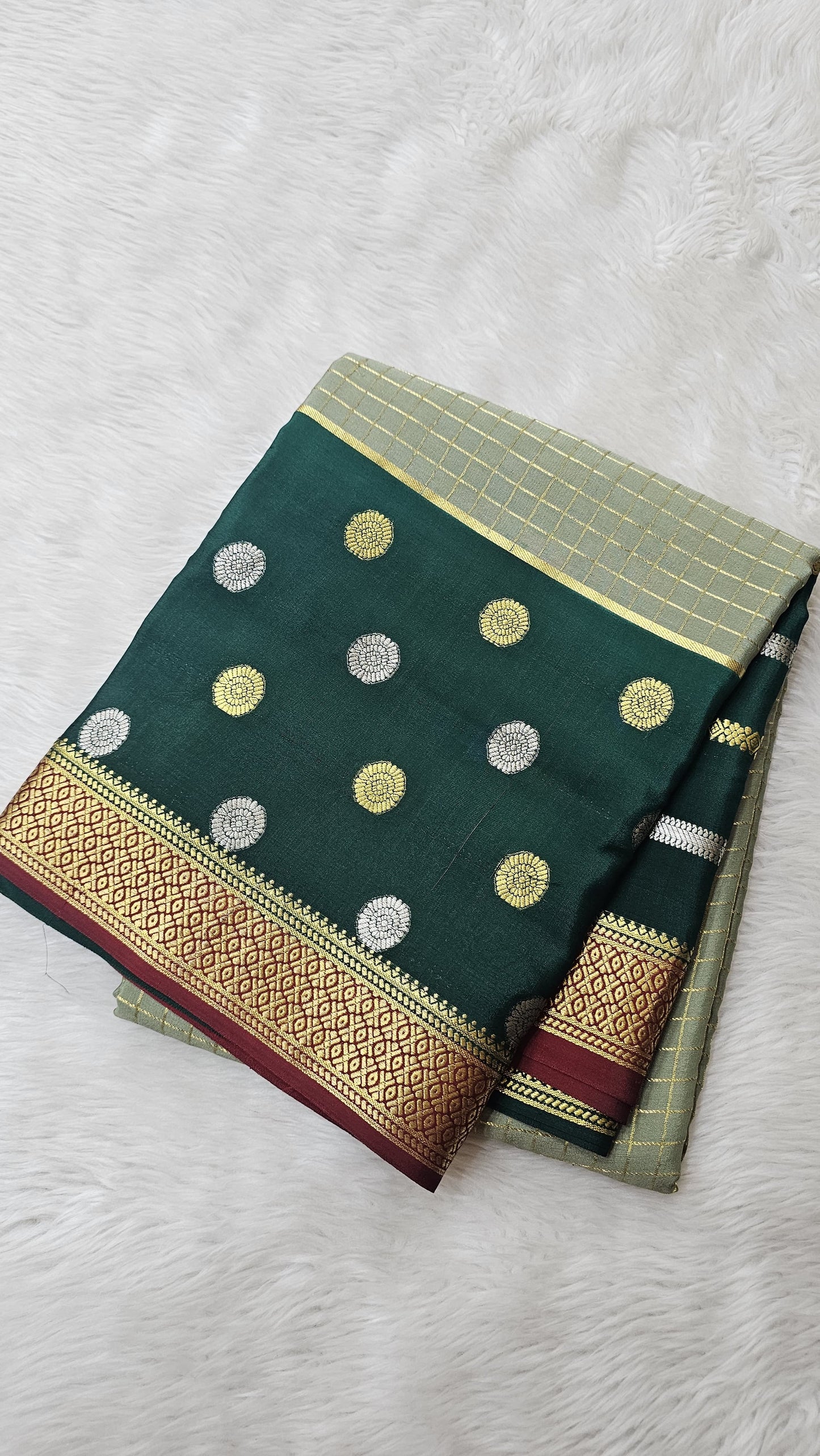 Mysore silk saree KSIC Finish in sage with bottle green 3d checks pattern