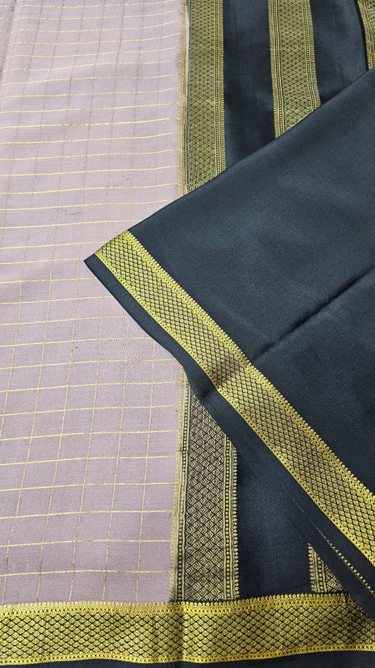 Mysore silk saree KSIC Finish in onion pink with black checks pattern