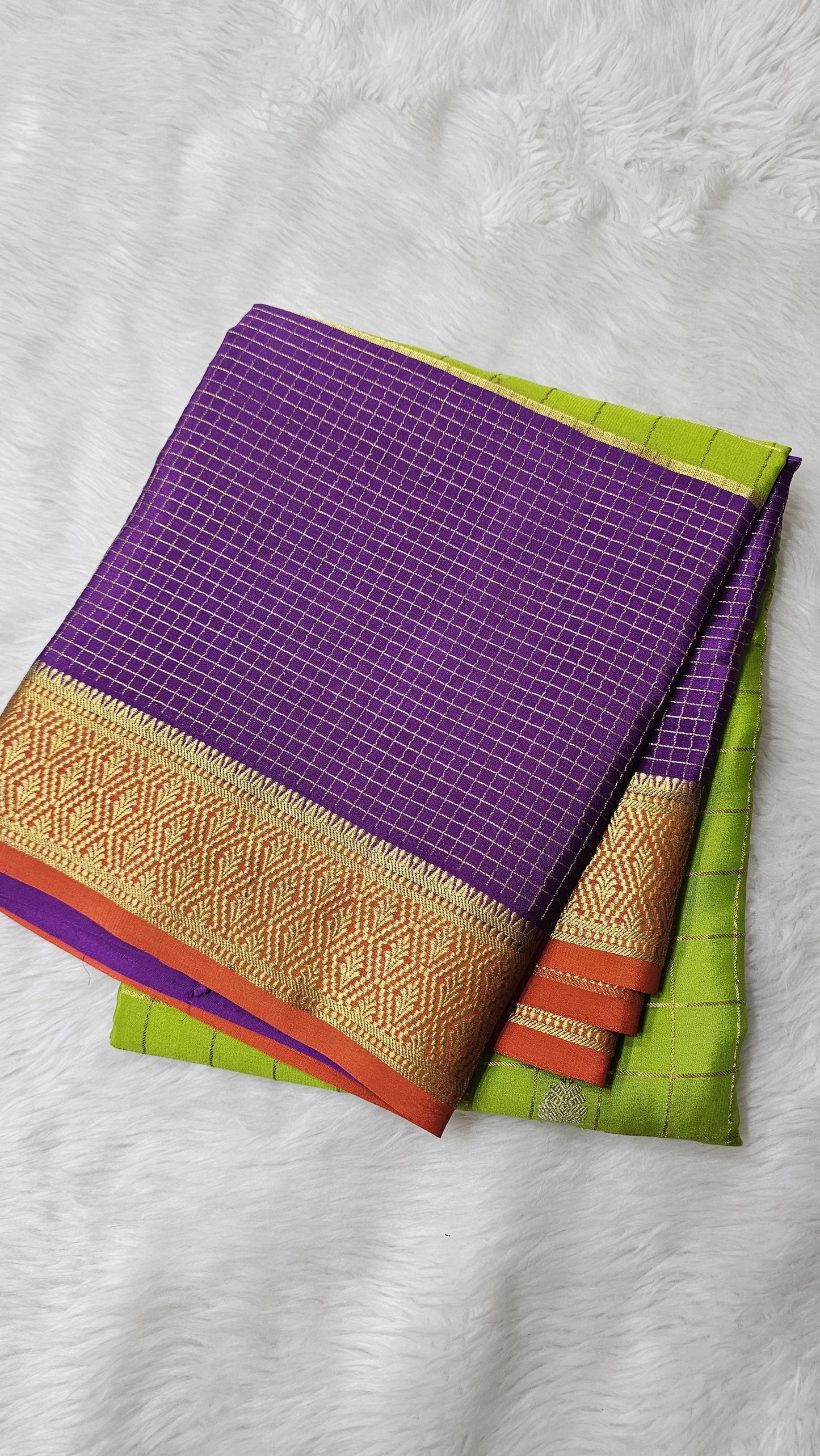 Mysore silk saree KSIC Finish in parrot green with orange 3d checks pattern