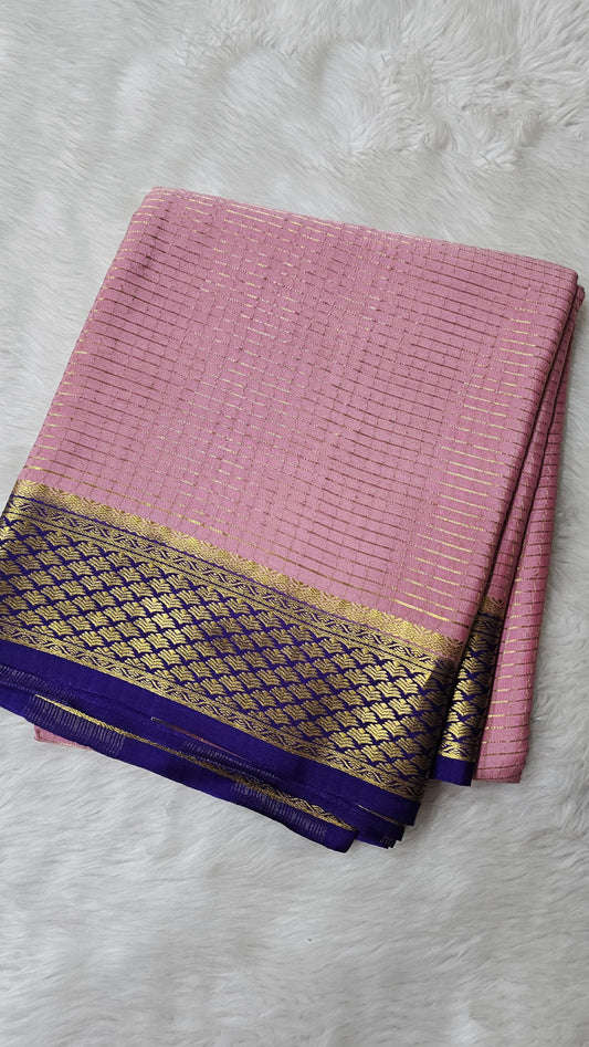 Mysore silk saree KSIC Finish in onion pink with purple checks pattern
