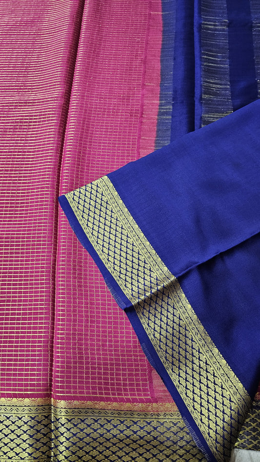 Mysore silk saree KSIC Finish in rani pink with ink blue checks pattern