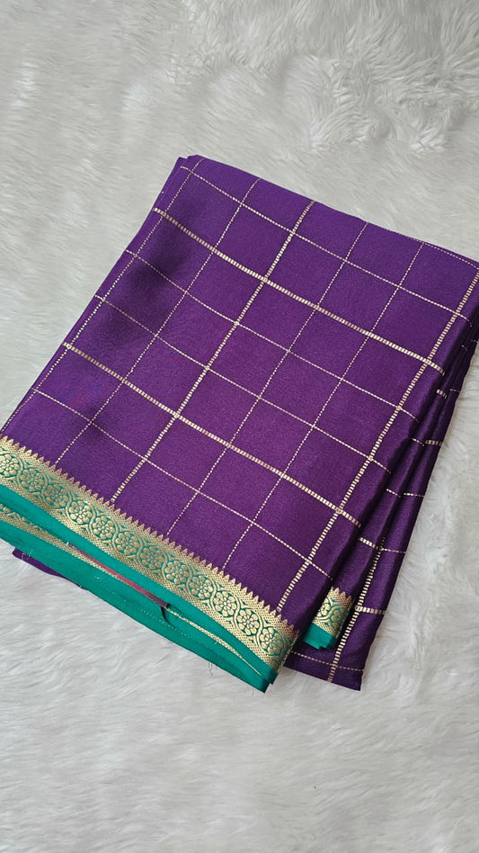 Mysore silk saree KSIC Finish in ink blue with ananda blue checks pattern