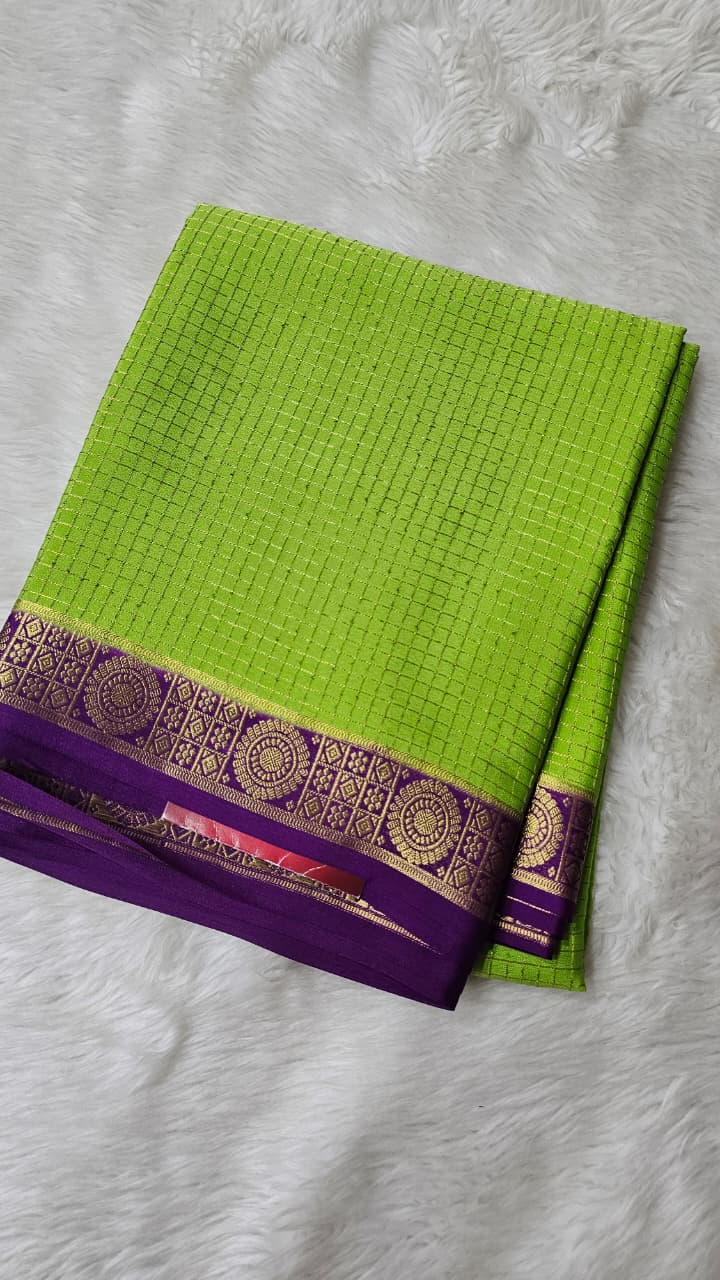 Mysore silk saree KSIC Finish in parrot  green with purple  checks pattern