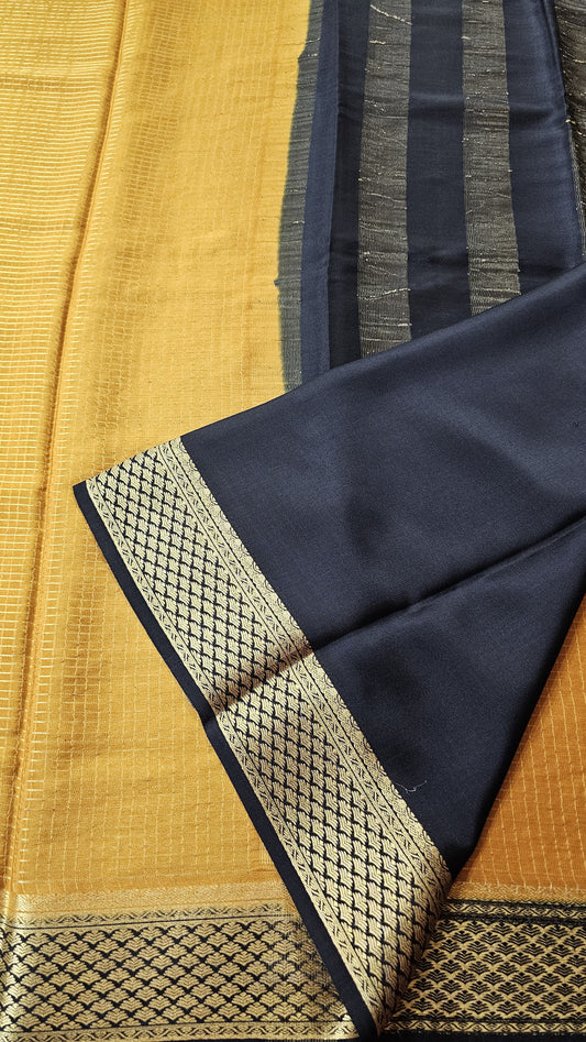 Mysore silk saree KSIC Finish in mango yellow with black checks pattern