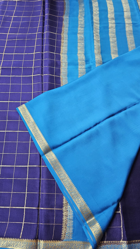 Mysore silk saree KSIC Finish in ink blue with ananda blue checks pattern