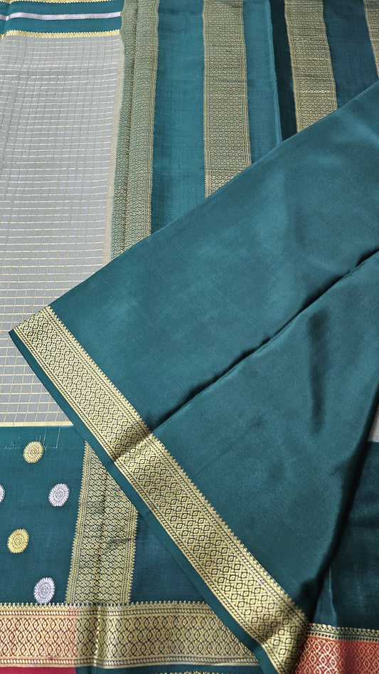 Mysore silk saree KSIC Finish in sage with bottle green 3d checks pattern