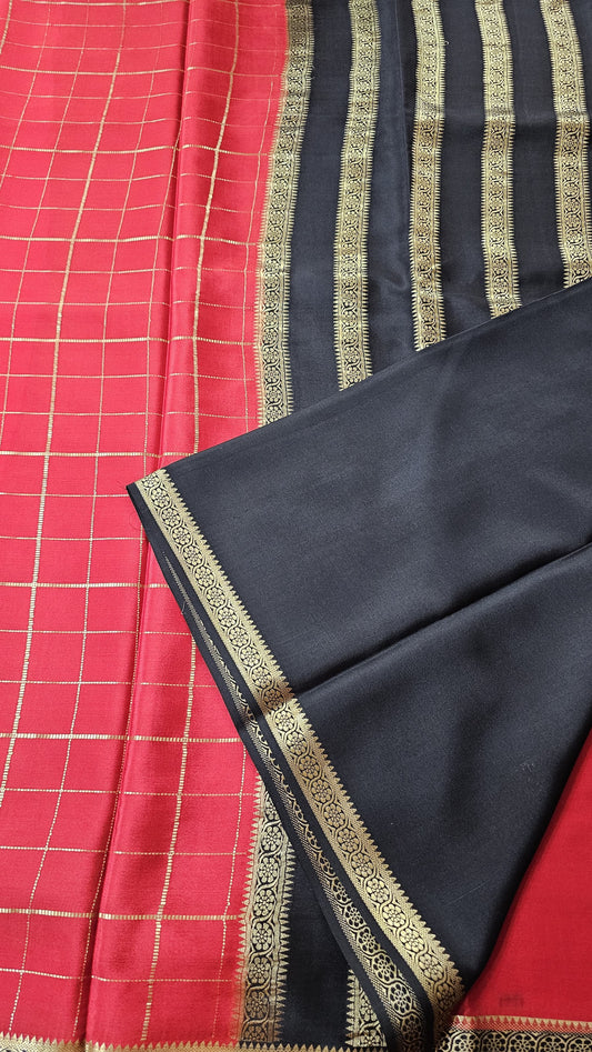 Mysore silk saree KSIC Finish in red with black small border checks pattern