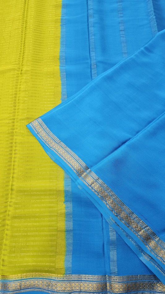 Mysore silk saree KSIC Finish in mehendi green with ananda blue stripe pattern