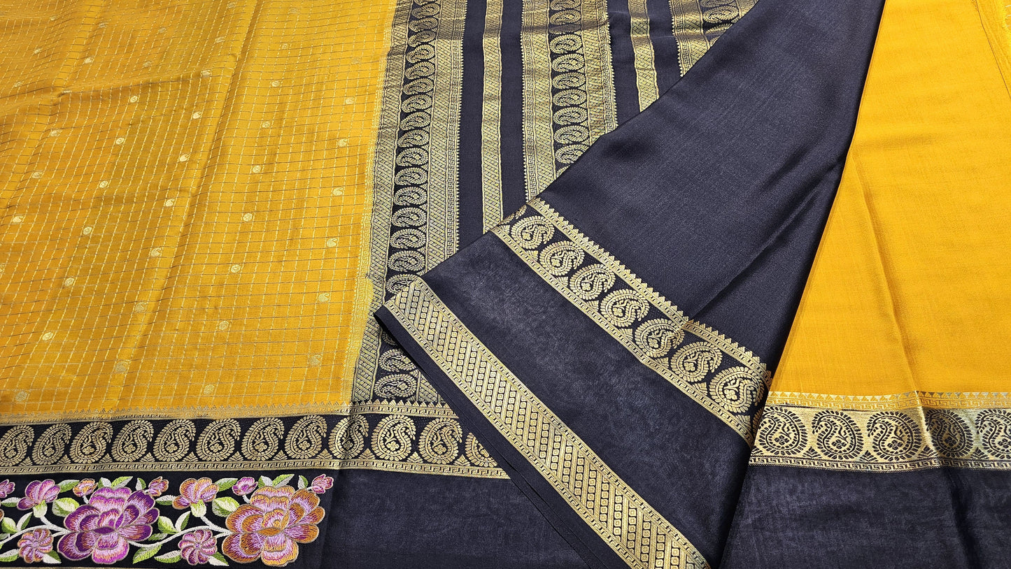 Mysore crepe silk saree with KSIC Finish in  yellow with black 3 d checks pattern with embroidery
