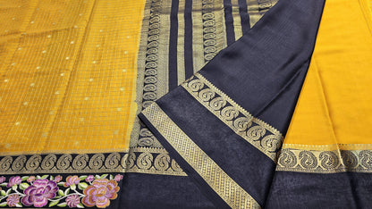 Mysore crepe silk saree with KSIC Finish in  yellow with black 3 d checks pattern with embroidery