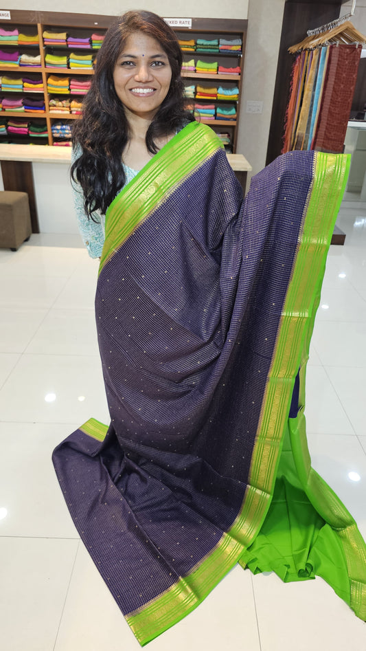 Mysore crepe silk saree with KSIC Finish in midnight Blue X Parrot green with Body checks