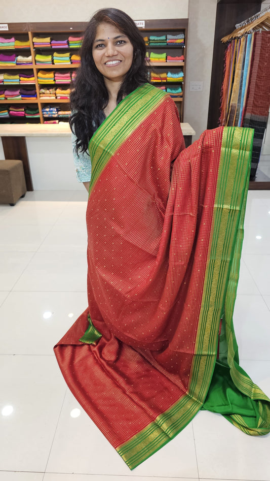 Mysore crepe silk mysore silk saree with KSIC Finish in Red x green with Body checks