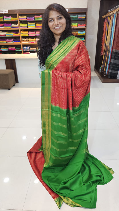 Mysore crepe silk mysore silk saree with KSIC Finish in Red x green with Body checks