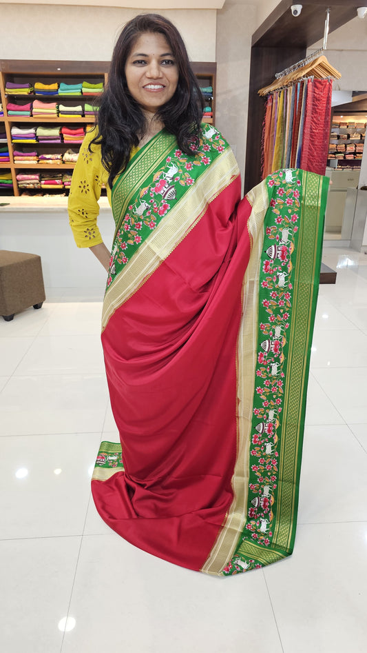 Mysore crepe silk saree with KSIC Finish in chilly Red Green 3 d pattern with embroidery