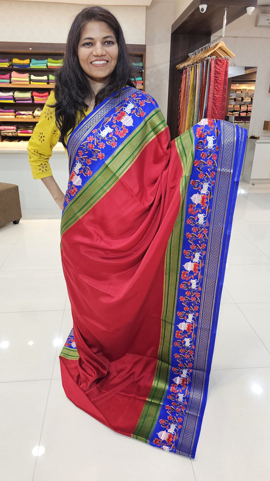 Mysore crepe silk saree with KSIC Finish in Red x  Royal Blue x Green 3 d pattern with embroidery