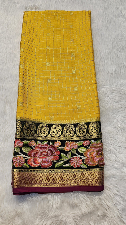 Mysore crepe silk saree with KSIC Finish in  yellow with black 3 d checks pattern with embroidery