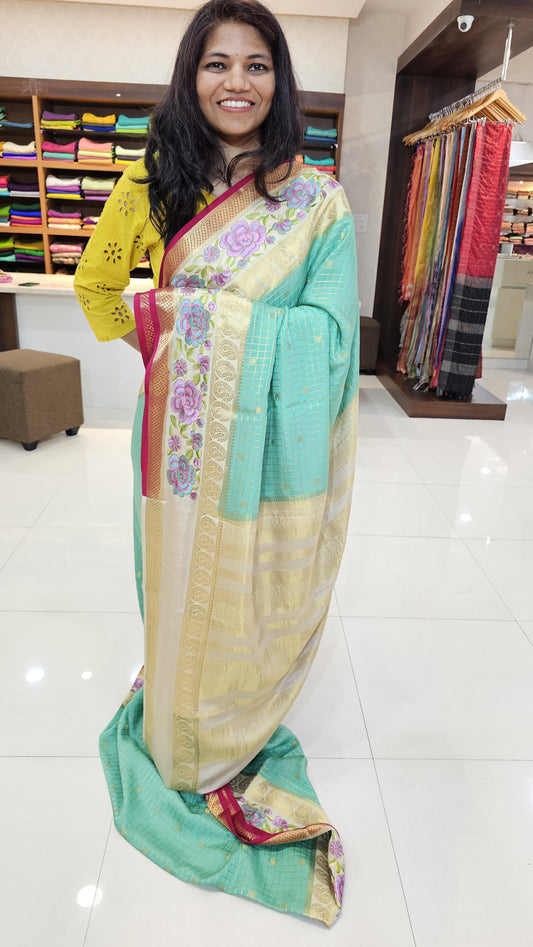 Mysore crepe silk saree with KSIC Finish in ice blue with half white 3d checks pattern with embroidery