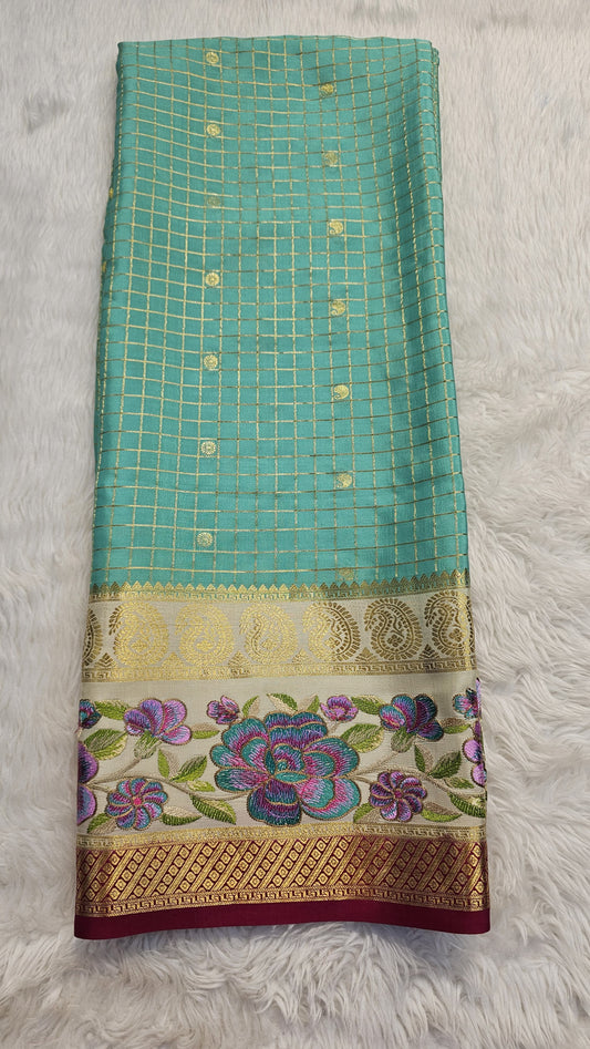 Mysore crepe silk saree with KSIC Finish in ice blue with half white 3d checks pattern with embroidery