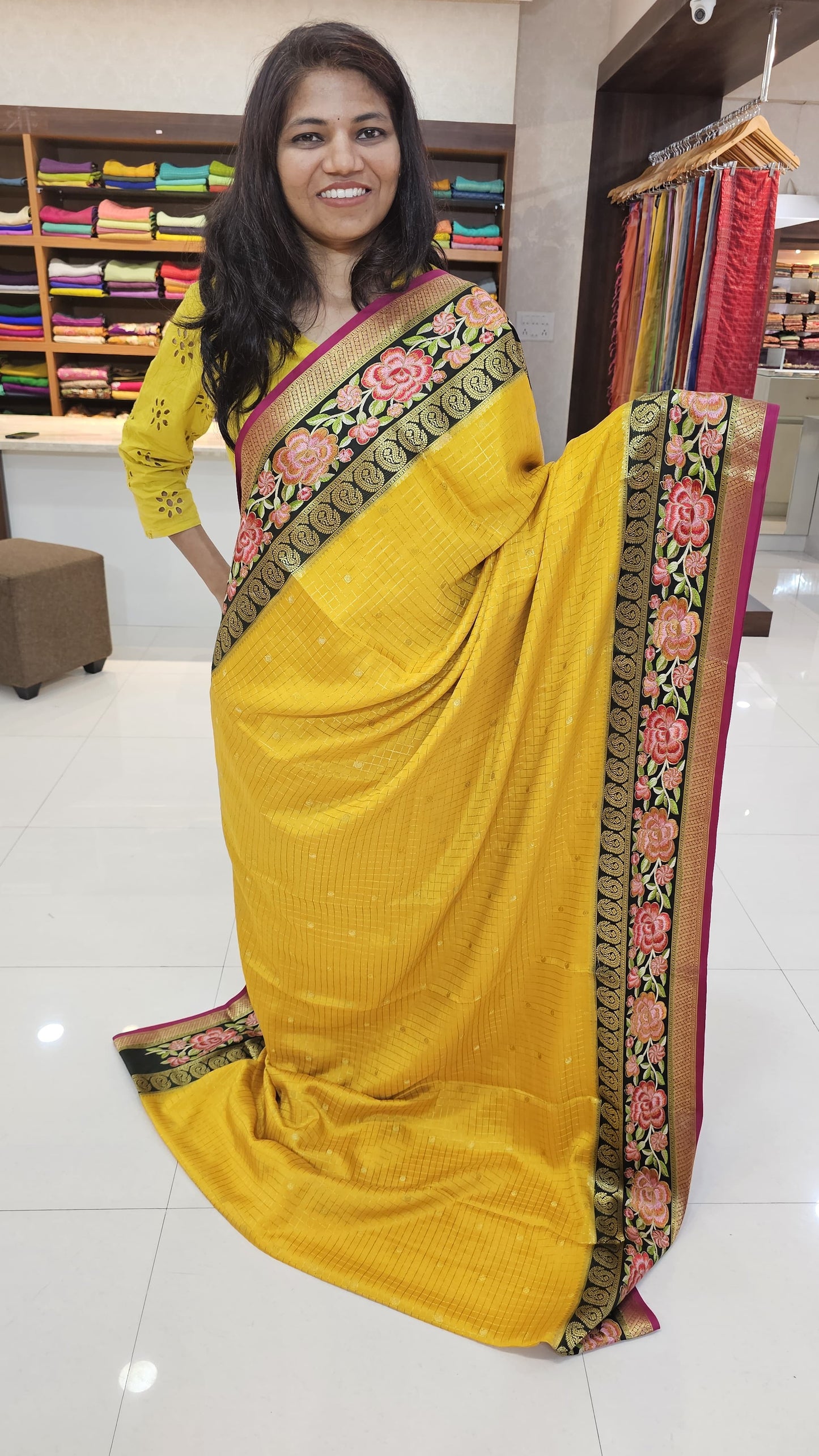 Mysore crepe silk saree with KSIC Finish in  yellow with black 3 d checks pattern with embroidery