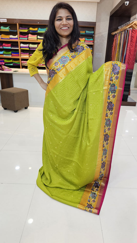 Mysore crepe silk saree with KSIC Finish in  green with orange 3 d checks pattern with embroidery