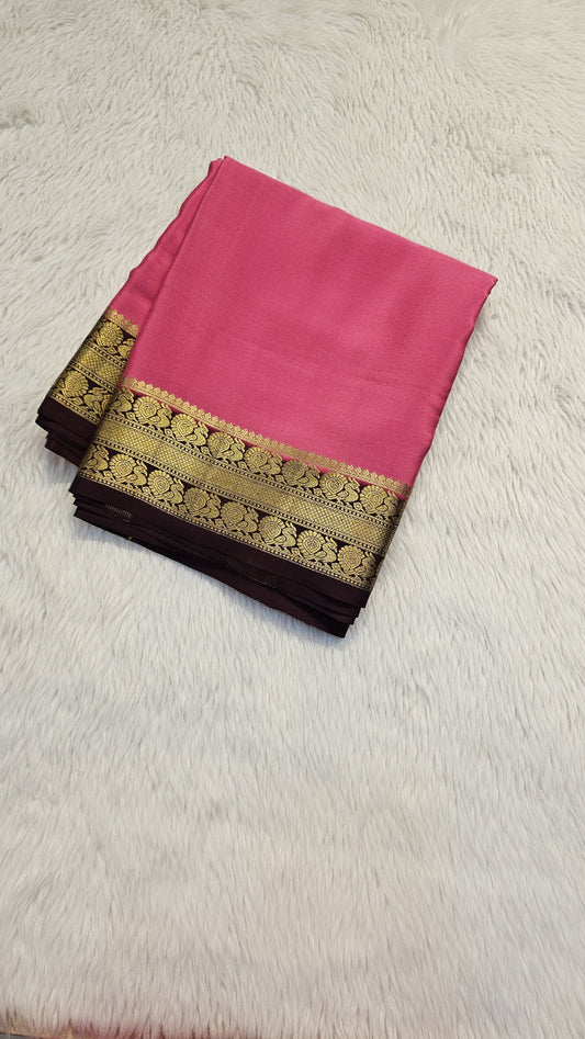 Mysore crepe silk saree with KSIC Finish in peach pink with brown in peacock border
