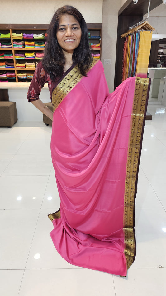 Mysore crepe silk saree with KSIC Finish in peach pink with brown in peacock border