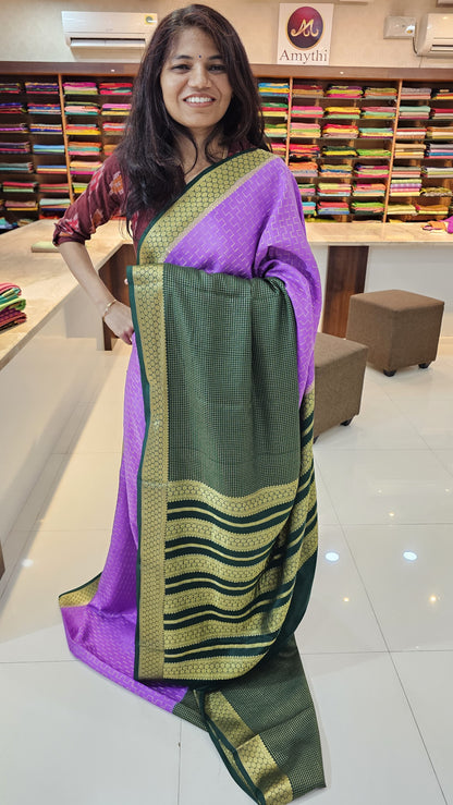Mysore crepe silk saree with KSIC Finish in lavender with bottel green in half and half checks pattern