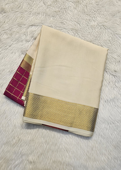 Mysore crepe silk saree with KSIC Finish in rani pink with cream in middle checks pattern