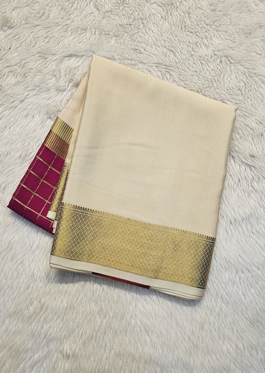 Mysore crepe silk saree with KSIC Finish in rani pink with cream in middle checks pattern