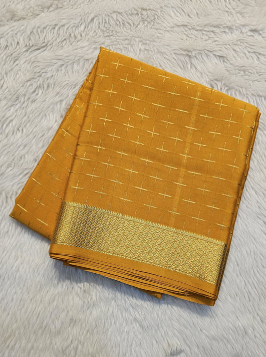 Mysore crepe silk saree with KSIC Finish in mango yellow in self checks pattern
