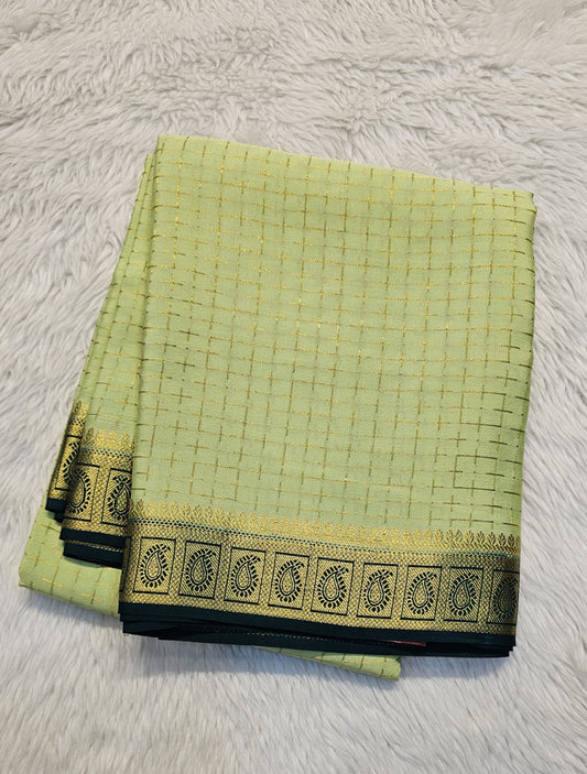 Mysore crepe silk saree with KSIC Finish in pista green with bottle green in checks pattern