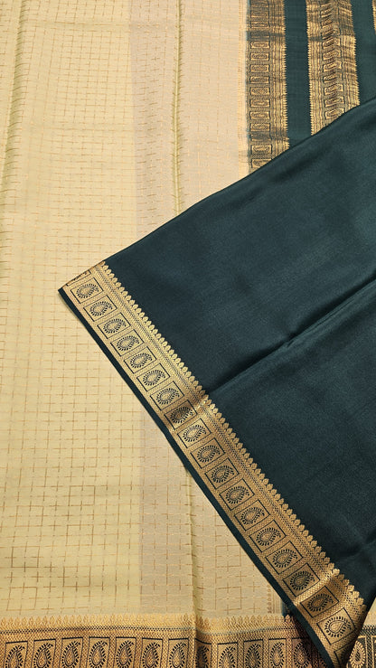 Mysore crepe silk saree with KSIC Finish in pista green with bottle green in checks pattern