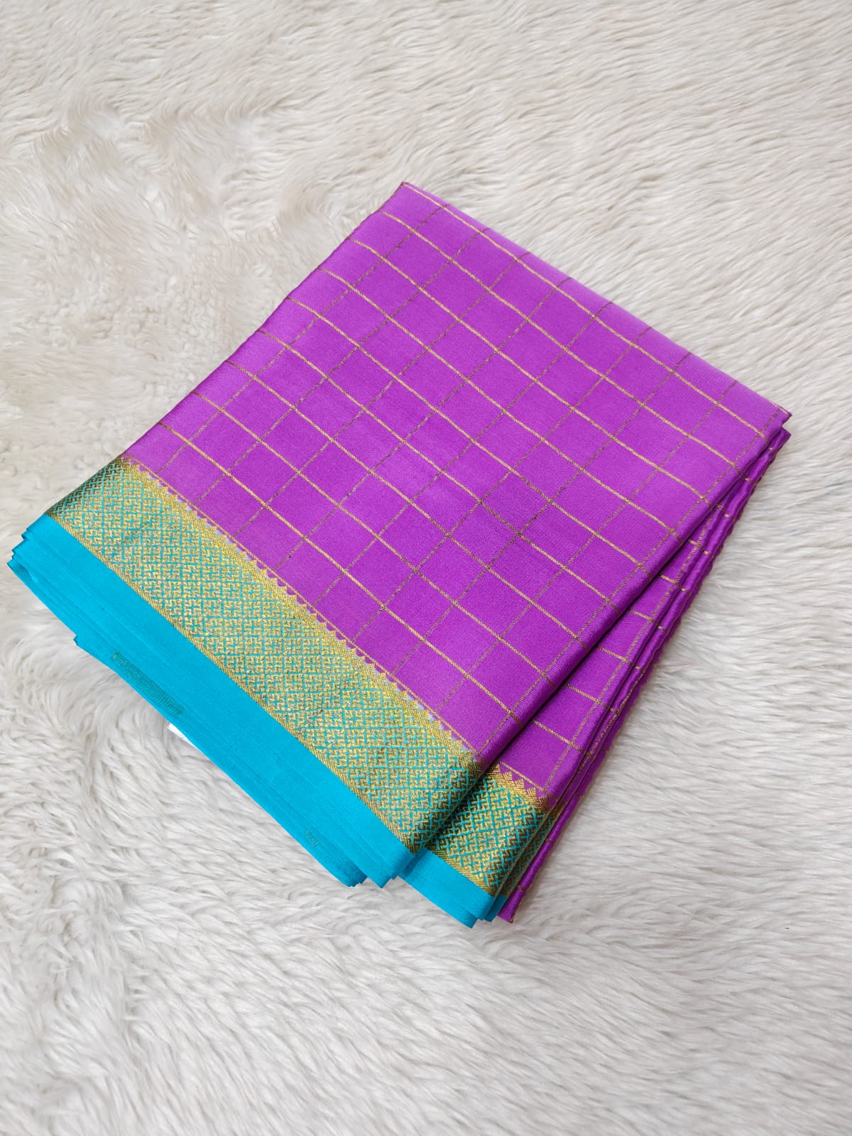 Mysore silk saree KSIC Finish in lavender with ananda blue checks pattern