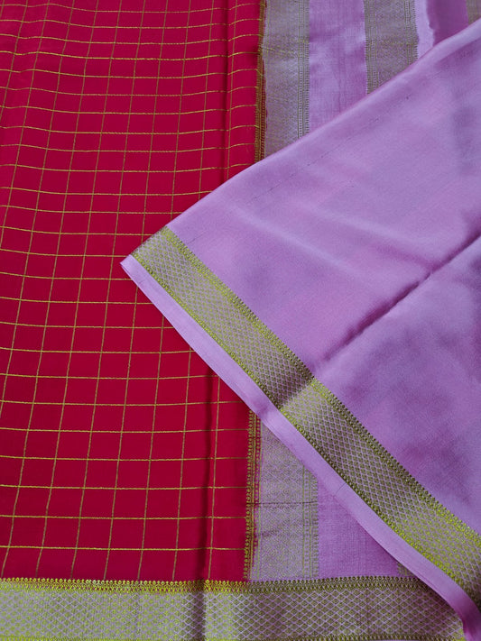 Mysore silk saree KSIC Finish in red with baby pink checks pattern