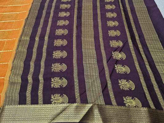 PURE MYSORE CREPE SILK SAREES CHECKS WITH GANDABERUNDA BUTTA