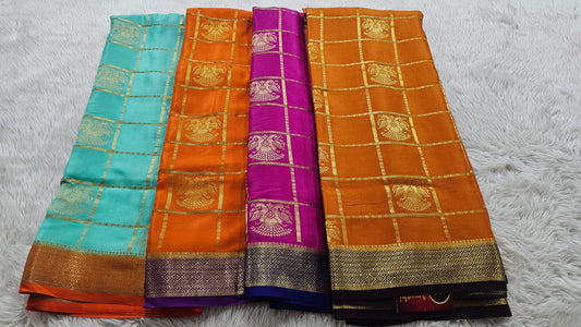PURE MYSORE CREPE SILK SAREES CHECKS WITH GANDABERUNDA BUTTA