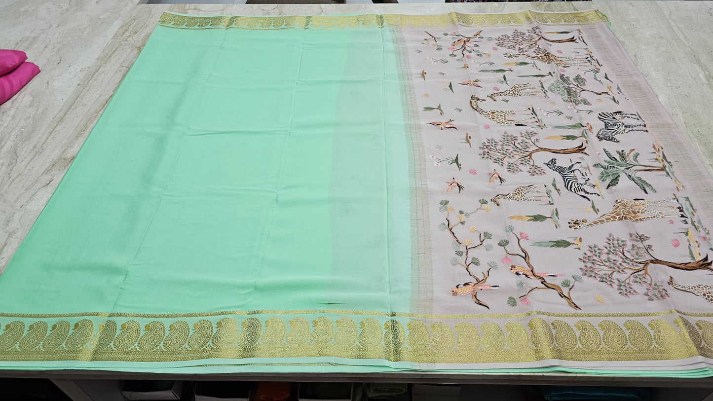 PURE MYSORE CREPE SILK SAREES WITH PALLU AND BLOUSE EMBROIDERY