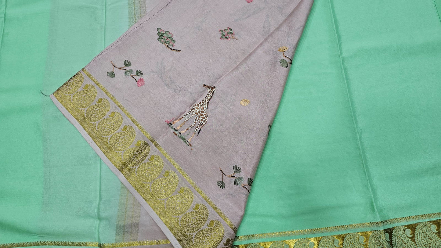 PURE MYSORE CREPE SILK SAREES WITH PALLU AND BLOUSE EMBROIDERY